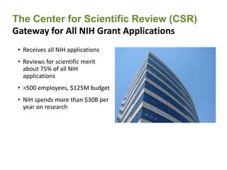 • Receives all NIH applications
• Reviews for scientific merit
about 75% of all NIH
applications
• >500 employees, $125M budget
• NIH spends more than $30B per
year on research
The Center for Scientific Review (CSR)
Gateway for All NIH Grant Applications
 