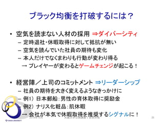 ブラック均衡を打破するには？
• 空気を読まない人材の採用 ⇒ダイバーシティ
– 定時退社・休暇取得に対して抵抗が無い
– 空気を読んでいた社員の期待も変化
– 本人だけでなくまわりも行動が変わり得る
→ プレイヤーが変わるとゲームチェンジが起こる！
• 経営陣／上司のコミットメント ⇒リーダーシップ
– 社員の期待を大きく変えるようなきっかけに
– 例1） 日本郵船：男性の育休取得に奨励金
– 例2） ナリス化粧品：肌休暇
→ 会社が本気で休暇取得を推奨するシグナルに！2019年10月 大阪大学公開講座｜安田洋祐 35
 