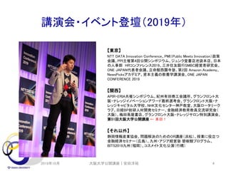 講演会・イベント登壇（2019年）
【東京】
NTT DATA Innovation Conference、PMI（Public Meets Innovation）政策
会議、PPI主催第4回公開シンポジウム、ジュンク堂書店池袋本店、日本
の人事部 HRコンファレンス2019、三井住友銀行SMBC経営者研究会、
ONE JAPAN代表者会議、立命館西園寺塾、第2回 Amazon Academy、
NewsPicksアカデミア、資本主義の教養学講演会、ONE JAPAN
CONFERENCE 2019
【関西】
APIR・ERIA共催シンポジウム、紀州有田商工会議所、グランフロント大
阪・ナレッジイノベーションアワード最終選考会、グランフロント大阪・ナ
レッジキャピタル大学校、NHK文化センター神戸教室、大阪ロータリーク
ラブ、日経BP総研人材開発セミナー、金融経済教育教員交流研究会（
大阪）、梅田蔦屋書店、グランフロント大阪・ナレッジサロン特別講演会、
第51回大阪大学公開講座 ← 本日！
【それ以外】
静岡情報産業協会、問題解決のためのOR講座（浜松）、授業に役立つ
金融経済セミナー（広島）、九州・アジア経営塾 碧樹館プログラム、
BITS2019九州（福岡）、コスメイト文化公演（行橋）
2019年10月 大阪大学公開講座｜安田洋祐 4
 