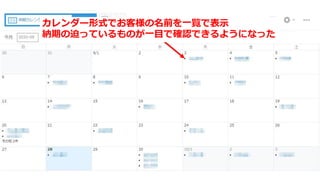 カレンダー形式でお客様の名前を⼀覧で表⽰
納期の迫っているものが⼀⽬で確認できるようになった
 