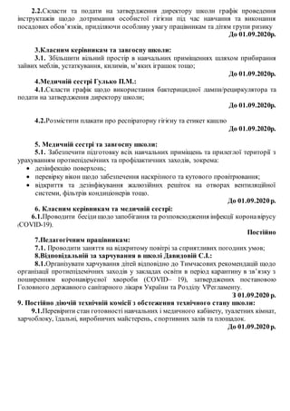 2.2.Скласти та подати на затвердження директору школи графік проведення
інструктажів щодо дотримання особистої гігієни під час навчання та виконання
посадових обов’язків, приділяючи особливу увагу працівникам та дітям групи ризику
До 01.09.2020р.
3.Класним керівникам та завгоспу школи:
3.1. Збільшити вільний простір в навчальних приміщеннях шляхом прибирання
зайвих меблів, устаткування, килимів, м’яких іграшок тощо;
До 01.09.2020р.
4.Медичній сестрі Гулько П.М.:
4.1.Скласти графік щодо використання бактерицидної лампи/рециркулятора та
подати на затвердження директору школи;
До 01.09.2020р.
4.2.Розмістити плакати про респіраторну гігієну та етикет кашлю
До 01.09.2020р.
5. Медичній сестрі та завгоспу школи:
5.1. Забезпечити підготовку всіх навчальних приміщень та прилеглої території з
урахуванням протиепідемічних та профілактичних заходів, зокрема:
 дезінфекцію поверхонь;
 перевірку вікон щодо забезпечення наскрізного та кутового провітрювання;
 відкриття та дезінфікування жалюзійних решіток на отворах вентиляційної
системи, фільтрів кондиціонерів тощо.
До 01.09.2020р.
6. Класним керівникам та медичній сестрі:
6.1.Проводити бесіди щодо запобігання та розповсюдження інфекції коронавірусу
(COVID-19).
Постійно
7.Педагогічним працівникам:
7.1. Проводити заняття на відкритому повітрі за сприятливих погодних умов;
8.Відповідальній за харчування в школі Давидовій С.І.:
8.1.Організувати харчування дітей відповідно до Тимчасових рекомендацій щодо
організації протиепідемічних заходів у закладах освіти в період карантину в зв’язку з
поширенням коронавірусної хвороби (COVID– 19), затверджених постановою
Головного державного санітарного лікаря України та Розділу VРегламенту.
З 01.09.2020 р.
9. Постійно діючій технічній комісії з обстеження технічного стану школи:
9.1.Перевірити стан готовності навчальних і медичного кабінету, туалетних кімнат,
харчоблоку, їдальні, виробничих майстерень, спортивних залів та площадок.
До 01.09.2020р.
 
