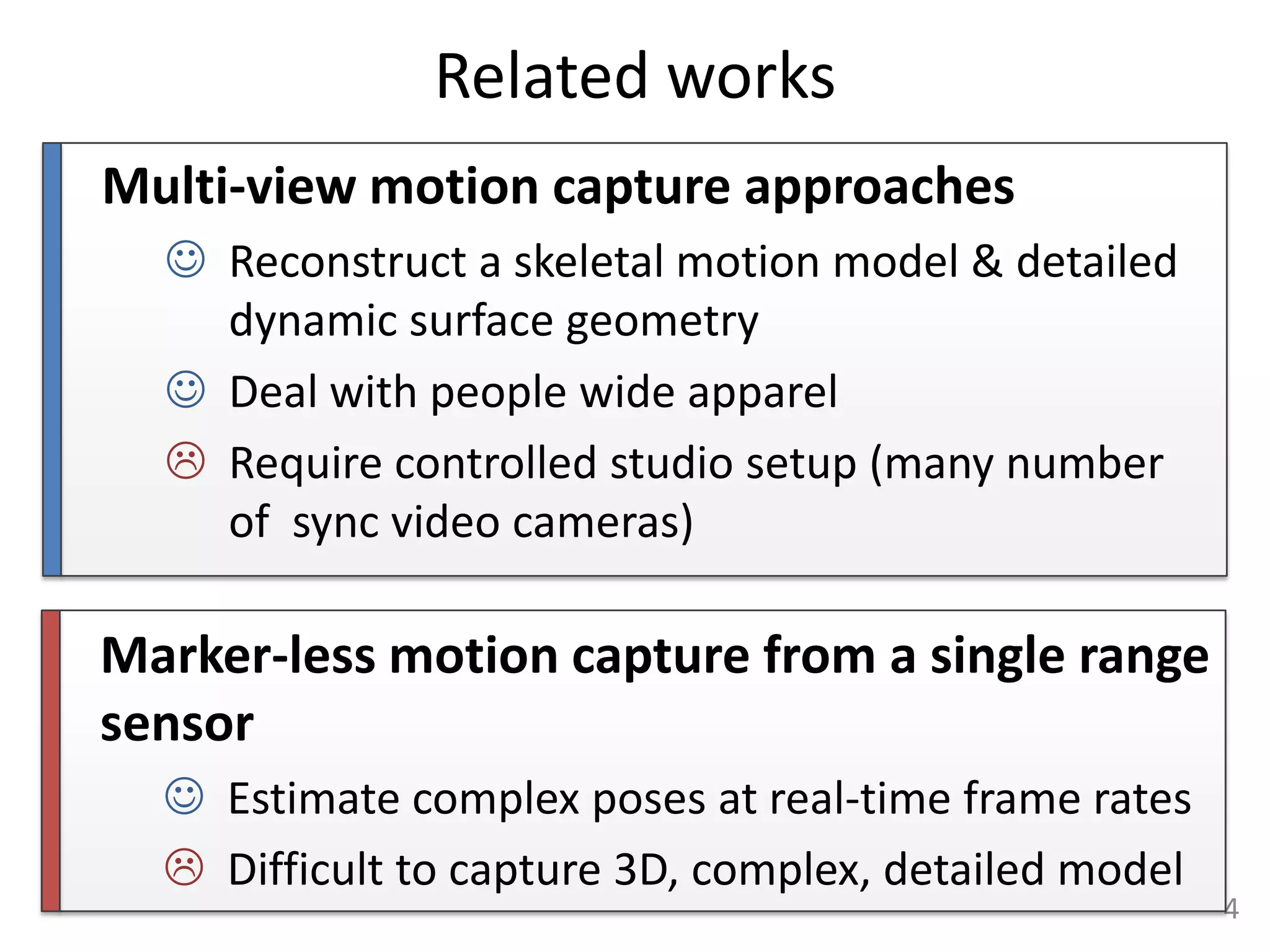Related works
Multi-view motion capture approaches
   Reconstruct a skeletal motion model & detailed
    dynamic surface geometry
   Deal with people wide apparel
   Require controlled studio setup (many number
    of sync video cameras)

Marker-less motion capture from a single range
sensor
   Estimate complex poses at real-time frame rates
   Difficult to capture 3D, complex, detailed model
                                                       4
 