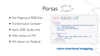 • Fast Mapping of RDB Data
• Transformation Compiler
• Async, JDBC & jdbc.next
• 450k req/sec onTFB
• 55k req/sec on MacBook
Porsas
(require '[porsas.async :as pa])
(require '[promesa.core :as p])
(def pool
(pa/pool
{:uri "postgresql://localhost:5432/hello_world"
:user "benchmarkdbuser"
:password "benchmarkdbpass"
:size 16}))
(-> (pa/query-one
pool
[“SELECT name from WORLD where id=$1" 1])
(p/chain :name prn))
; #<Promise[~]>
; prints “kikka”
~zero-overhead mapping
 