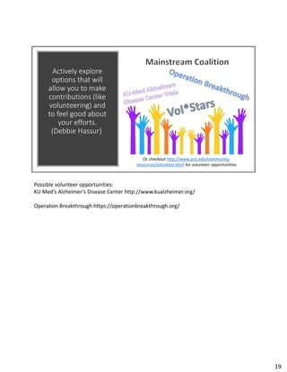 Actively explore
options that will
allow you to make
contributions (like
volunteering) and
to feel good about
your efforts.
(Debbie Hassur)
Or checkout http://www.jccc.edu/community-
resources/volunteer.html for volunteer opportunities
Possible volunteer opportunities:
KU Med’s Alzheimer’s Disease Center http://www.kualzheimer.org/
Operation Breakthrough https://operationbreakthrough.org/
19
 