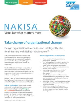 Visualize what matters most
Design organizational scenarios and intelligently plan
for the future with Nakisa® OrgModelerTM
Copyright © 2013 Nakisa Inc. All rights reserved.
As businesses become more complex and
marketplaces move faster than ever before,
HR departments are increasingly faced with
the perpetual challenge of modeling and
re-modeling the organization in order to
stay on top.
Whether it be a major merger & acquisition or
resource allocation across multiple projects,
businesses need to predict, analyze and execute
org transformations with increased precision in
order to be competitive.
Gaining a clear picture of the organization and
having the right information at the right time to
make informed decisions is easier said than done.
Nakisa® OrgModelerTM
reduces the risk and
uncertainty of making critical enterprise and
talent decisions by providing Managers,
HR & Executives with the key insight and
collaboration abilities to be able to proactively
prepare for change, minimize its disruption on
the organization, make better-informed decisions
and facilitate workforce transition.
Nakisa® OrgModelerTM
enables you to:
• Model new departments, project teams,
organizations and more
• View key analytics to immediately calculate the
effect your decisions will have on direct and
indirect headcounts, salaries, and budgets
• Plan and assess multiple scenarios to determine
the best course of action
• Seamlessly merge changes from the“live”
system with scenarios, ensuring up-to-
date models
• Use a flexible and secure workflow to review
and approve a scenario and prepare it for write-
back (commitment to the Enterprise Resource
Planning (ERP) system)
• Leverage an industry-first, fully guided write-back
process for committing scenario changes to the
backend ERP system
• Collaborate securely with colleagues and
create scenarios to effectively resolve strategic
HR planning issues and save valuable time by
planning ahead
Take charge of organizational change
 