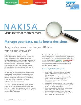 Visualize what matters most
Analyze, cleanse and monitor your HR data
with Nakisa® OrgAuditTM
Copyright © 2013 Nakisa Inc. All rights reserved.
Organizations need to make sense of the
information in their Enterprise Resource Planning
(ERP) systems in order to make informed and
accurate business decisions. A clear understanding
of your organizational data makes the difference
between growing a business and failing to
compete and without clean, standardized and
accurate data, that clear understanding cannot
be achieved.
According to industry analysts, good data is also
foundational to the successful implementation
and roll-out of new organizational modeling or
talent management initiatives and yet this first
crucial step to gaining a clear view of the
organization is often overlooked.
Your data is constantly changing and shifting as it
moves across your business landscape and often,
keeping on top of data quality management in order
to make appropriate and accurate business decisions
can be a major challenge.
The Nakisa Data Quality Management module,
OrgAudit™, provides a simple and smart way for your
organization to take control of critical business data.
The solution provides Managers, HR & Executives
with a clear process and the tools they need to
analyze, cleanse and monitor HR data for better
business decision-making.
Nakisa® OrgAuditTM
enables you to:
• Create a clear process and rules for managing
HR data that can be followed by everyone in
the organization
• Gain an accurate view of your data and quickly
identify missing information and data
discrepancies based on pre-defined and
customized rules
• Dramatically reduce the overall time spent on data
management by motivating teams to manage data
within their area of responsibility
• Correct data quickly and efficiently using easy-to-
follow instructions and smart links
• Optimize data integrity and ensure that your
decisions are based on HCM data that is free from
discrepancies and inconsistencies
Manage your data, make better decisions
 