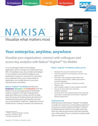 Visualize what matters most
Visualize your organization, connect with colleagues and
access key analytics with Nakisa® OrgHubTM
for Mobile
Copyright © 2013 Nakisa Inc. All rights reserved.
In an increasingly mobile world, desktop
applications alone no longer cut it. With more than
60%1
of employees now using mobile technologies
in the workplace and mobile broadband users
predicted to surpass PC users by 20162
, providing
your employees with access to key enterprise
applications via a mobile device is now more
important than ever before.
Nakisa® OrgHub™ for Mobile provides your
Employees, Managers, HR & Executives with the
ability to access key organizational information
anytime, anywhere. This fully integrated iPad
application allows you to keep up with the daily
pace of business by breaking down the barriers of
traditional working and automatically mirroring
your existing Nakisa® OrgChart™ application on your
mobile device, creating a seamless user experience.
1 “BYOD – Research findings”. Logicalis.
Retrieved 12 February 2013.
2 Forrester Research, 2012.
Nakisa® OrgHub™ for Mobile enables you to:
• Navigate the org chart quickly and easily
• Search the directory by employee, position, org
unit and more
• Drill-down into employee information and
view key contact details, staffing information
and demographics
• Connect with colleagues instantly via email,
Skype or text
• Gain valuable insight into key analytics and KPIs
• Stay up-to-date with team members
anytime, anywhere
• Securely access the organizational chart using the
same log-in credentials as the Nakisa® OrgChart™
desktop application
Getting Started
Getting started with Nakisa® OrgHub™ for Mobile
is simple. You need to be running Nakisa OrgChart™
4.0 and users need to obtain the Nakisa® OrgHub™
for Mobile app for iPad from the Apple App store.
Once the relevant permissions have been granted,
users will be able to log in using their existing single
sign-on credentials.
Your enterprise, anytime, anywhere
 