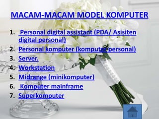 MACAM-MACAM MODEL KOMPUTER
1. Personal digital assistant (PDA/ Asisiten
   digital personal)
2. Personal komputer (komputer personal)
3. Server.
4. Workstation
5. Midrange (minikomputer)
6. Komputer mainframe
7. Superkomputer
 