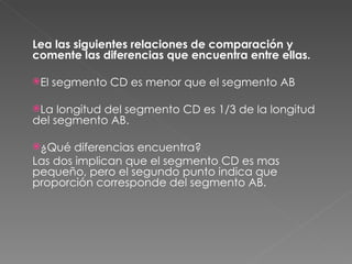 Lea las siguientes relaciones de comparación y comente las diferencias que encuentra entre ellas. El segmento CD es menor que el segmento AB La longitud del segmento CD es 1/3 de la longitud del segmento AB. ¿Qué diferencias encuentra? Las dos implican que el segmento CD es mas  pequeño , pero el segundo punto indica que  proporción  corresponde del segmento AB. 