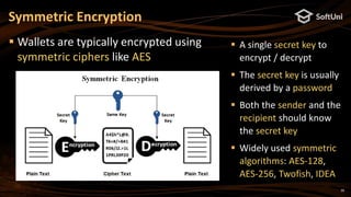 39
 A single secret key to
encrypt / decrypt
 The secret key is usually
derived by a password
 Both the sender and the
recipient should know
the secret key
 Widely used symmetric
algorithms: AES-128,
AES-256, Twofish, IDEA
Symmetric Encryption
 Wallets are typically encrypted using
symmetric ciphers like AES
 