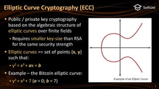 8
 Public / private key cryptography
based on the algebraic structure of
elliptic curves over finite fields
 Requires smaller key-size than RSA
for the same security strength
 Elliptic curves == set of points {x, y}
such that:
 y2 = x3 + ax + b
 Example – the Bitcoin elliptic curve:
 y2 = x3 + 7 (a = 0; b = 7)
Elliptic Curve Cryptography (ECC)
 