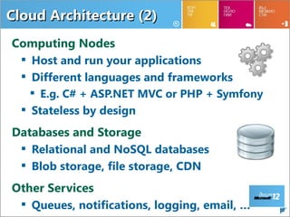 Cloud Architecture (2)
Computing Nodes
  Host and run your applications
  Different languages and frameworks
     E.g. C# + ASP.NET MVC or PHP + Symfony
   Stateless by design
Databases and Storage
  Relational and NoSQL databases
  Blob storage, file storage, CDN
Other Services
  Queues, notifications, logging, email, …    10
 