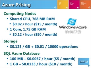 Azure Pricing
Computing Nodes
  Shared CPU, 768 MB RAM
     $0.02 / hour ($15 / month)
   1 Core, 1.75 GB RAM
     $0.12 / hour ($90 / month)

Storage
   $0.125 / GB + $0.01 / 10000 operations
SQL Azure Database
  100 MB – $0.0067 / hour ($5 / month)
  1 GB – $0.0133 / hour ($10 / month)       17
 