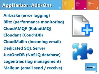 AppHarbor: Add-Ons

Airbrake (error logging)
Blitz (performance monitoring)
CloudAMQP (RabbitMQ)
Cloudant (CouchDB)
CloudMailin (incoming email)
Dedicated SQL Server
JustOneDB (NoSLQ database)
Logentries (log management)
Mailgun (email send / receive)
                                 37
 
