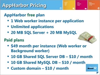 AppHarbor Pricing
AppHarbor free plan
  1 Web worker instance per application
  Unlimited applications
  20 MB SQL Server + 20 MB MySQL
Paid plans
  $49 month per instance (Web worker or
   Background worker)
  10 GB Shared SQL Server DB – $10 / month
  10 GB Shared MySQL DB – $10 / month
  Custom domain – $10 / month
                                              39
 