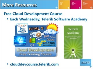 More Resources
Free Cloud Development Course
   Each Wednesday, Telerik Software Academy



                        Python




  clouddevcourse.telerik.com
                                               41
 
