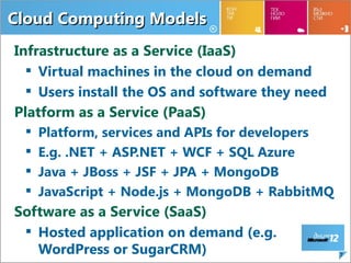 Cloud Computing Models
Infrastructure as a Service (IaaS)
   Virtual machines in the cloud on demand
   Users install the OS and software they need
Platform as a Service (PaaS)
    Platform, services and APIs for developers
    E.g. .NET + ASP.NET + WCF + SQL Azure
    Java + JBoss + JSF + JPA + MongoDB
    JavaScript + Node.js + MongoDB + RabbitMQ
Software as a Service (SaaS)
  Hosted application on demand (e.g.
   WordPress or SugarCRM)                         7
 