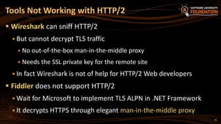 33
 Wireshark can sniff HTTP/2
 But cannot decrypt TLS traffic
 No out-of-the-box man-in-the-middle proxy
 Needs the SSL private key for the remote site
 In fact Wireshark is not of help for HTTP/2 Web developers
 Fiddler does not support HTTP/2
 Wait for Microsoft to implement TLS ALPN in .NET Framework
 It decrypts HTTPS through elegant man-in-the-middle proxy
Tools Not Working with HTTP/2
 