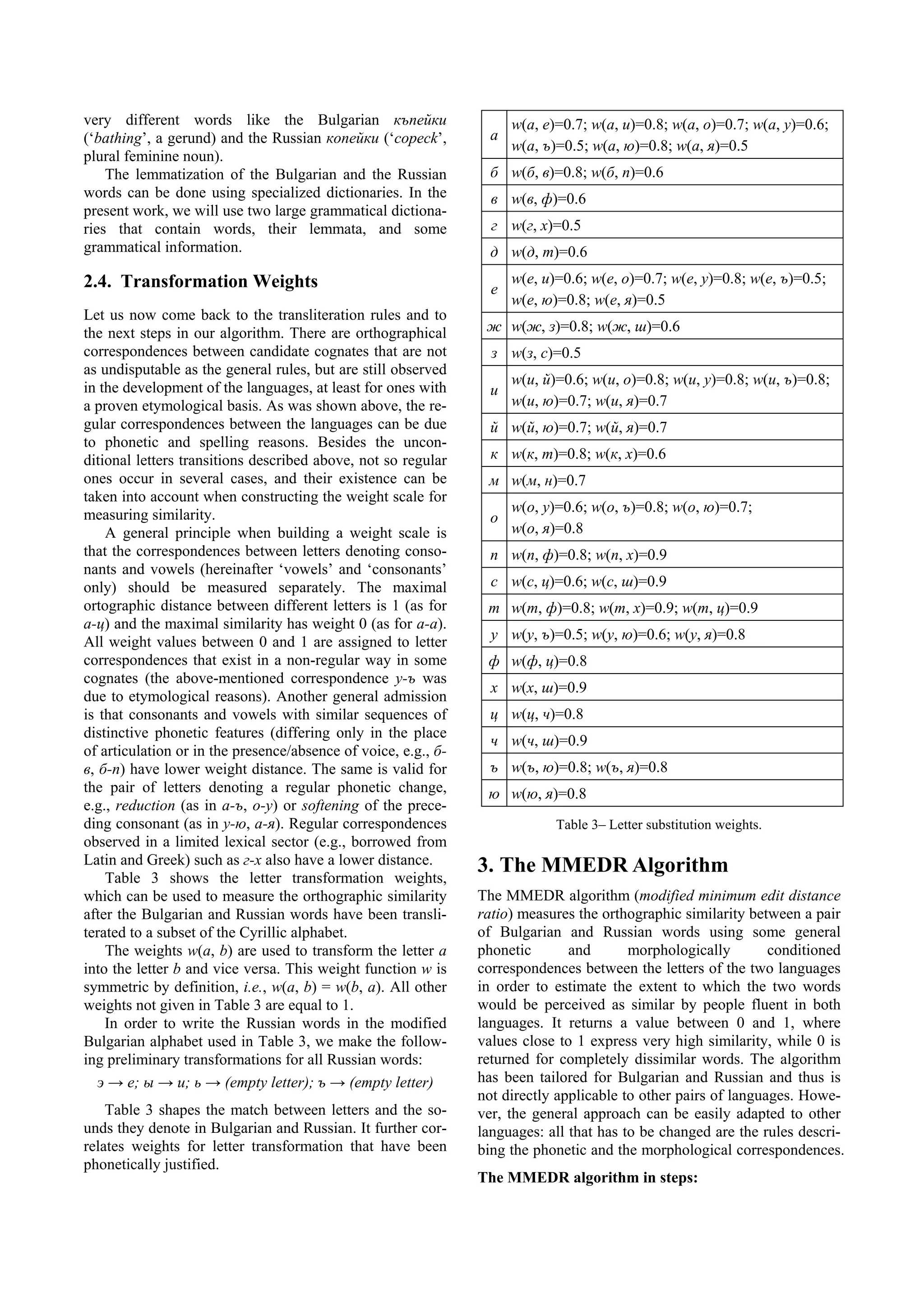 very different words like the Bulgarian къпейки                       w(а, е)=0.7; w(а, и)=0.8; w(а, о)=0.7; w(а, у)=0.6;
(‘bathing’, a gerund) and the Russian копейки (‘copeck’,          а
                                                                      w(а, ъ)=0.5; w(а, ю)=0.8; w(а, я)=0.5
plural feminine noun).
    The lemmatization of the Bulgarian and the Russian            б w(б, в)=0.8; w(б, п)=0.6
words can be done using specialized dictionaries. In the          в w(в, ф)=0.6
present work, we will use two large grammatical dictiona-
ries that contain words, their lemmata, and some                  г w(г, х)=0.5
grammatical information.                                          д w(д, т)=0.6
2.4. Transformation Weights                                           w(е, и)=0.6; w(е, о)=0.7; w(е, у)=0.8; w(е, ъ)=0.5;
                                                                  е
                                                                      w(е, ю)=0.8; w(е, я)=0.5
Let us now come back to the transliteration rules and to
the next steps in our algorithm. There are orthographical        ж w(ж, з)=0.8; w(ж, ш)=0.6
correspondences between candidate cognates that are not           з w(з, с)=0.5
as undisputable as the general rules, but are still observed
                                                                      w(и, й)=0.6; w(и, о)=0.8; w(и, у)=0.8; w(и, ъ)=0.8;
in the development of the languages, at least for ones with       и
a proven etymological basis. As was shown above, the re-              w(и, ю)=0.7; w(и, я)=0.7
gular correspondences between the languages can be due            й w(й, ю)=0.7; w(й, я)=0.7
to phonetic and spelling reasons. Besides the uncon-
ditional letters transitions described above, not so regular      к w(к, т)=0.8; w(к, х)=0.6
ones occur in several cases, and their existence can be          м w(м, н)=0.7
taken into account when constructing the weight scale for
                                                                      w(о, у)=0.6; w(о, ъ)=0.8; w(о, ю)=0.7;
measuring similarity.                                             о
    A general principle when building a weight scale is               w(о, я)=0.8
that the correspondences between letters denoting conso-          п w(п, ф)=0.8; w(п, х)=0.9
nants and vowels (hereinafter ‘vowels’ and ‘consonants’
only) should be measured separately. The maximal                  с w(с, ц)=0.6; w(с, ш)=0.9
ortographic distance between different letters is 1 (as for      т w(т, ф)=0.8; w(т, х)=0.9; w(т, ц)=0.9
а-ц) and the maximal similarity has weight 0 (as for а-а).
All weight values between 0 and 1 are assigned to letter          у w(у, ъ)=0.5; w(у, ю)=0.6; w(у, я)=0.8
correspondences that exist in a non-regular way in some          ф w(ф, ц)=0.8
cognates (the above-mentioned correspondence у-ъ was
                                                                  х w(х, ш)=0.9
due to etymological reasons). Another general admission
is that consonants and vowels with similar sequences of           ц w(ц, ч)=0.8
distinctive phonetic features (differing only in the place
                                                                  ч w(ч, ш)=0.9
of articulation or in the presence/absence of voice, e.g., б-
в, б-п) have lower weight distance. The same is valid for         ъ w(ъ, ю)=0.8; w(ъ, я)=0.8
the pair of letters denoting a regular phonetic change,          ю w(ю, я)=0.8
e.g., reduction (as in а-ъ, о-у) or softening of the prece-
ding consonant (as in у-ю, а-я). Regular correspondences                     Table 3– Letter substitution weights.
observed in a limited lexical sector (e.g., borrowed from
Latin and Greek) such as г-х also have a lower distance.        3. The MMEDR Algorithm
    Table 3 shows the letter transformation weights,
which can be used to measure the orthographic similarity        The MMEDR algorithm (modified minimum edit distance
after the Bulgarian and Russian words have been transli-        ratio) measures the orthographic similarity between a pair
terated to a subset of the Cyrillic alphabet.                   of Bulgarian and Russian words using some general
    The weights w(a, b) are used to transform the letter a      phonetic       and       morphologically        conditioned
into the letter b and vice versa. This weight function w is     correspondences between the letters of the two languages
symmetric by definition, i.e., w(a, b) = w(b, a). All other     in order to estimate the extent to which the two words
weights not given in Table 3 are equal to 1.                    would be perceived as similar by people fluent in both
    In order to write the Russian words in the modified         languages. It returns a value between 0 and 1, where
Bulgarian alphabet used in Table 3, we make the follow-         values close to 1 express very high similarity, while 0 is
ing preliminary transformations for all Russian words:          returned for completely dissimilar words. The algorithm
   э → е; ы → и; ь → (empty letter); ъ → (empty letter)         has been tailored for Bulgarian and Russian and thus is
                                                                not directly applicable to other pairs of languages. Howe-
    Table 3 shapes the match between letters and the so-        ver, the general approach can be easily adapted to other
unds they denote in Bulgarian and Russian. It further cor-      languages: all that has to be changed are the rules descri-
relates weights for letter transformation that have been        bing the phonetic and the morphological correspondences.
phonetically justified.
                                                                The MMEDR algorithm in steps:
 