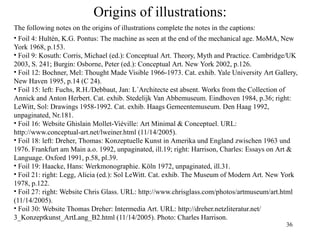 Origins of illustrations:
The following notes on the origins of illustrations complete the notes in the captions:
• Foil 4: Hultén, K.G. Pontus: The machine as seen at the end of the mechanical age. MoMA, New
York 1968, p.153.
• Foil 9: Kosuth: Corris, Michael (ed.): Conceptual Art. Theory, Myth and Practice. Cambridge/UK
2003, S. 241; Burgin: Osborne, Peter (ed.): Conceptual Art. New York 2002, p.126.
• Foil 12: Bochner, Mel: Thought Made Visible 1966-1973. Cat. exhib. Yale University Art Gallery,
New Haven 1995, p.14 (C 24).
• Foil 15: left: Fuchs, R.H./Debbaut, Jan: L´Architecte est absent. Works from the Collection of
Annick and Anton Herbert. Cat. exhib. Stedelijk Van Abbemuseum. Eindhoven 1984, p.36; right:
LeWitt, Sol: Drawings 1958-1992. Cat. exhib. Haags Gemeentemuseum. Den Haag 1992,
unpaginated, Nr.181.
• Foil 16: Website Ghislain Mollet-Viéville: Art Minimal & Conceptuel. URL:
http://www.conceptual-art.net/lweiner.html (11/14/2005).
• Foil 18: left: Dreher, Thomas: Konzeptuelle Kunst in Amerika und England zwischen 1963 und
1976. Frankfurt am Main a.o. 1992, unpaginated, ill.19; right: Harrison, Charles: Essays on Art &
Language. Oxford 1991, p.58, pl.39.
• Foil 19: Haacke, Hans: Werkmonographie. Köln 1972, unpaginated, ill.31.
• Foil 21: right: Legg, Alicia (ed.): Sol LeWitt. Cat. exhib. The Museum of Modern Art. New York
1978, p.122.
• Foil 27: right: Website Chris Glass. URL: http://www.chrisglass.com/photos/artmuseum/art.html
(11/14/2005).
• Foil 30: Website Thomas Dreher: Intermedia Art. URL: http://dreher.netzliteratur.net/
3_Konzeptkunst_ArtLang_B2.html (11/14/2005). Photo: Charles Harrison.
                                                                                             36
 