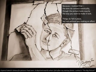 Because, I realized that –
                                                                                        the dots do connect eventually,
                                                                                        though the picture looks exactly
                                                                                        the way you want to make it look.

                                                                                        Things do fall in place,
                                                                                        but not without you making an effort.




A pencil sketch I drew of a picture I had seen. It depicted exactly what I felt after my startup failed. I called it “The Big Picture”.
 