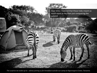 Over time, I realized that these treks meant so
                                                         much more to me than just conquering the
                                                         summit.




The surprise we woke up to - zebras joining us for breakfast outside our camp at Ngorongoro Crater, Tanzania.
 