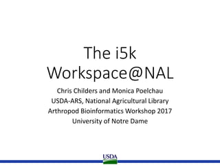 The i5k
Workspace@NAL
Chris Childers and Monica Poelchau
USDA-ARS, National Agricultural Library
Arthropod Bioinformatics Workshop 2017
University of Notre Dame
 