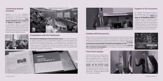Countering shadow
economy
Members of our Fair Competition
Alliance, led by Coca-Cola, initiated the
development of the National Program
for Countering Shadow Economy. Prime
Minister Aleksandar Vučić accepted all
of NALED’s 13 measures and formed
a Coordination Body for Countering
Shadow Economy bringing together line
ministers as its members. NALED and the
State Secretariat for Public Policies were
appointed by the Government to lead the
Expert Group for Shadow Economy.
Cooperation with the Parliament
We initiated the establishment of the first Economic Caucus in the National Parliament
of Serbia in November of 2014, providing expert support to its activities together with
the International Republican Institute (IRI). In a short period of time, in cooperation with
NALED, the Caucus prepared amendments and contributed to the improvement of the
Energy Law, Law on Fire Protection and Law on Inspection Oversight. Owing to the
Caucus, NALED has enabled the voices of the business community, local governments
and citizens to be heard in the Parliament.
12 | NALED 2014/15
Dealing with bureaucracy
NALED members have prepared 100 key recommendations for the Government of Serbia
aimed at removing administrative barriers for doing business, within the seventh annual
edition of NALED Grey Book. Our oldest recommendation from 2008 has finally reached
its fulfillment in 2014: the unified payment of salary taxes and contributions. On average,
the Government of Serbia adopts 10 of NALED recommendations per year. We believe
that this result will be better, considering that the Ministry of Economy included more than
80% of Grey Book recommendations into the Strategy for Developing Entrepreneurship
and Competitiveness 2014-2020.
Para-fiscal charges
We were the first to point towards the pro-
blem of para-fiscal charges in Serbia, com-
piling and analyzing them in cooperation
with USAID BEP, which has contributed to
the abolishment of signage fee for entre-
preneurs. In 2014, we published the new
Registry with 384 non-fiscal charges.
Minister of Finance Dušan Vujović accepted
the initiative by NALED members to intro-
duce a Public Registry of Para-fiscal Charges
and as a start – disable the collection of fees
not included in the Registry.
Support in EU accession
As a member of the National Convent on
the European Union and coordinator of
SECO for Competitiveness, NALED is in
charge of the Negotiation Chapter 8 on
Competition Policy, in addition to being
involved in defining national priorities in
programing IPA funds and monitoring the
negotiation chapters of special significance
to our members. NALED is also one of the
contributors to the Annual Progress Report
for Serbia by the European Commission.
SYNERGETIC IMPACT | 13
 