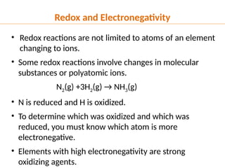 • Redox reactions are not limited to atoms of an element
changing to ions.
• Some redox reactions involve changes in molecular
substances or polyatomic ions.
N2(g) +3H2(g) → NH3(g)
• N is reduced and H is oxidized.
• To determine which was oxidized and which was
reduced, you must know which atom is more
electronegative.
• Elements with high electronegativity are strong
oxidizing agents.
Redox and Electronegativity
 