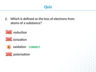 Quiz
polarization
D
oxidation
C
ionization
B
reduction
A
Which is defined as the loss of electrons from
atoms of a substance?
2.
CORRECT
 