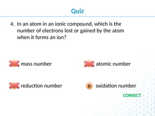 Quiz
oxidation number
D
atomic number
C
reduction number
B
mass number
A
In an atom in an ionic compound, which is the
number of electrons lost or gained by the atom
when it forms an ion?
4.
CORRECT
 