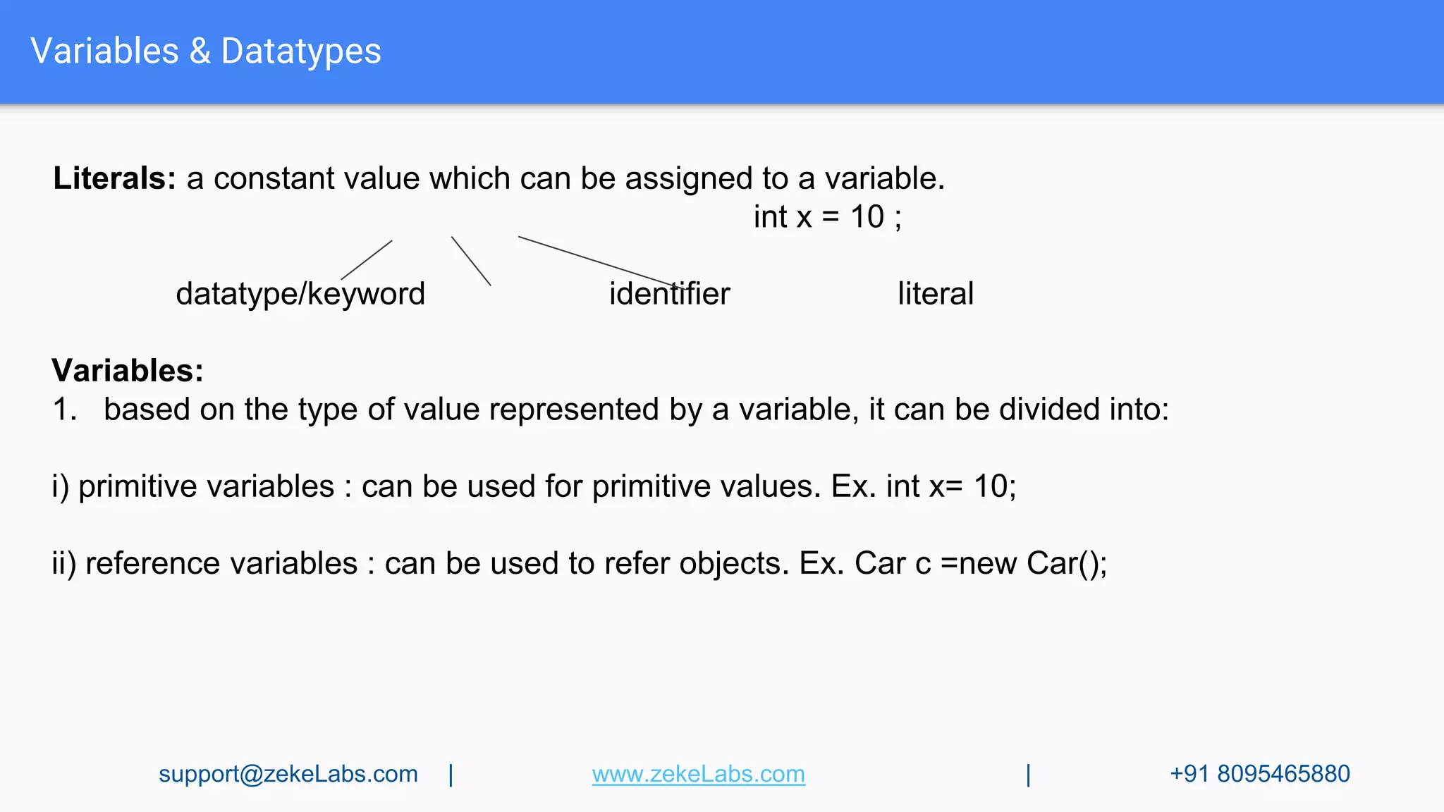 Variables & Datatypes
Literals: a constant value which can be assigned to a variable.
int x = 10 ;
datatype/keyword identifier literal
Variables:
1. based on the type of value represented by a variable, it can be divided into:
i) primitive variables : can be used for primitive values. Ex. int x= 10;
ii) reference variables : can be used to refer objects. Ex. Car c =new Car();
support@zekeLabs.com | www.zekeLabs.com | +91 8095465880
 