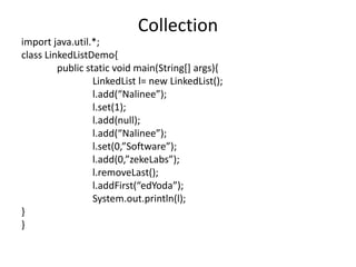 import java.util.*;
class LinkedListDemo{
public static void main(String[] args){
LinkedList l= new LinkedList();
l.add(“Nalinee”);
l.set(1);
l.add(null);
l.add(“Nalinee”);
l.set(0,”Software”);
l.add(0,”zekeLabs”);
l.removeLast();
l.addFirst(“edYoda”);
System.out.println(l);
}
}
Collection
 