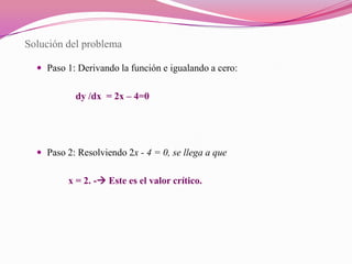 Solución del problemaPaso 1: Derivando la función e igualando a cero:dy /dx  = 2x – 4=0Paso 2: Resolviendo 2x - 4 = 0, se llega a que    x = 2. - Este es el valor crítico. 