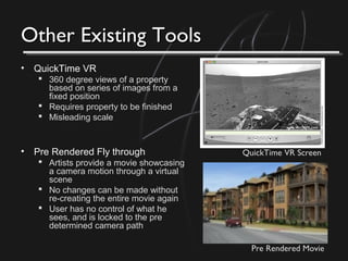 Other Existing ToolsOther Existing Tools
• QuickTime VR
 360 degree views of a property
based on series of images from a
fixed position
 Requires property to be finished
 Misleading scale
• Pre Rendered Fly through
 Artists provide a movie showcasing
a camera motion through a virtual
scene
 No changes can be made without
re-creating the entire movie again
 User has no control of what he
sees, and is locked to the pre
determined camera path
QuickTime VR Screen
Pre Rendered Movie
 