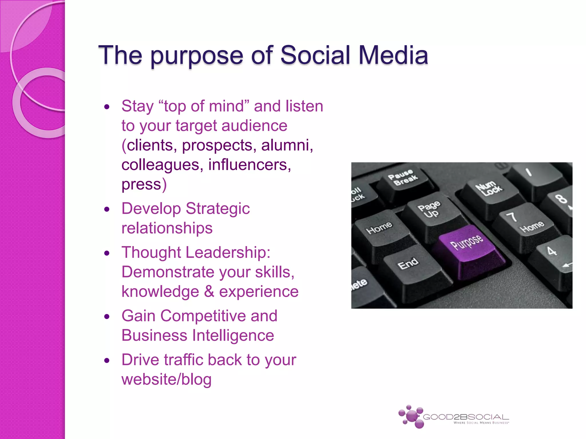 The purpose of Social Media
 Stay “top of mind” and listen
to your target audience
(clients, prospects, alumni,
colleagues, influencers,
press)
 Develop Strategic
relationships
 Thought Leadership:
Demonstrate your skills,
knowledge & experience
 Gain Competitive and
Business Intelligence
 Drive traffic back to your
website/blog
 