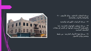 ۲۱ - :
‫لألسقف‬ ‫وذلك‬ ‫الداخلية‬ ‫الدهانات‬ ‫مرحلة‬
‫والشبابيك‬ ‫واألبواب‬ ‫والحوائط‬
٢٢
-
‫والصحية‬ ‫الكهربائية‬ ‫التركيبات‬ ‫مرحلة‬
٢٣
: -
‫إما‬ ‫الخارجية‬ ‫الواجهات‬ ‫تشطيب‬ ‫مرحلة‬
‫بدهانات‬ ‫أو‬ ‫بالحجر‬ ‫أو‬ ،‫بأنواعها‬ ‫األسمنتية‬ ‫بالطرطشة‬
‫المناسبة‬ ‫البالستيك‬
٢٤
: -
‫تبليط‬ ‫من‬ ‫الخارجية‬ ‫األعمال‬ ‫إنهاء‬ ‫مرحلة‬
‫لألسوار‬ ‫وإنارة‬ ‫وتشجير‬
 