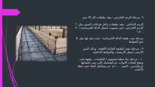 ٦
: -
‫كل‬ ‫بطبقات‬ ‫ينفذ‬ ‫الخارجي‬ ‫الردم‬ ‫مرحلة‬
٢٥
‫سم‬
7. :
‫مثل‬ ‫المبنى‬ ‫فراغات‬ ‫داخل‬ ‫بطبقات‬ ‫ينفذ‬ ‫الداخلي‬ ‫الردم‬
( ‫الخرسانية‬ ‫الدكة‬ ‫أسفل‬ ‫منسوب‬ ‫حتى‬ ،‫الخارجي‬ ‫الردم‬
٣٠
) .
‫م‬ .
8. :
‫ميل‬ ‫لها‬ ‫ينفذ‬ ‫حيث‬ ‫الخرسانية‬ ‫الدكة‬ ‫طبقة‬ ‫صب‬ ‫مرحلة‬
‫الحوائط‬ ‫نحو‬
٩
: -
‫للدور‬ ‫وذلك‬ ‫األفقية‬ ‫العازلة‬ ‫الطبقة‬ ‫تنفيذ‬ ‫مرحلة‬
‫الداخلية‬ ‫والحوائط‬ ‫األرضيات‬ ‫أسفل‬ ‫األرضى‬
١٠
: ) ( -
‫تحدد‬ ‫وفيها‬ ‫الجلسات‬ ‫مستوى‬ ‫حطة‬ ‫بناء‬ ‫مرحلة‬
‫جلساتها‬ ‫تبنى‬ ‫التى‬ ‫الشبابيك‬ ‫ثم‬ ،‫األبواب‬ ‫فتحات‬ ‫وتفتح‬
‫من‬ ‫بارتفاع‬
٩٠
: ‫سم‬
,
١ ٠٠
‫حطة‬ ‫حتى‬ ‫البناء‬ ‫يستكمل‬ ‫ثم‬ ‫م‬
‫األعتاب‬
 