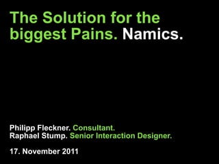 The Solution for the
biggest Pains. Namics.




Philipp Fleckner. Consultant.
Raphael Stump. Senior Interaction Designer.

17. November 2011
                                              Namics.
 