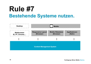 Rule #7
Bestehende Systeme nutzen.
         Desktop                                  Mobile


       Webbrowser         Responsive Layout   Mobile Website(s)       Applikationen
     IE, FF, Chrome,...       (Browser)          (Browser)               (Nativ)




                            Content Management System




19                                                                Fachtagung. Börse. Mobile. Namics.
 