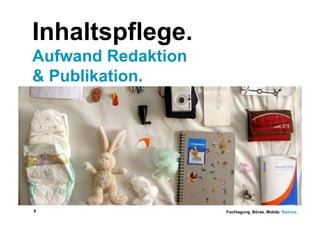 Inhaltspflege.
Aufwand Redaktion
& Publikation.




8                   Fachtagung. Börse. Mobile. Namics.
 