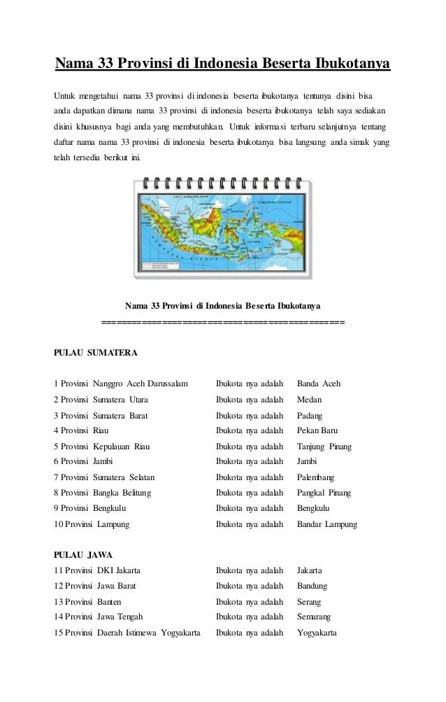 Nama 33 Provinsi Di Indonesia Beserta Ibukotanya