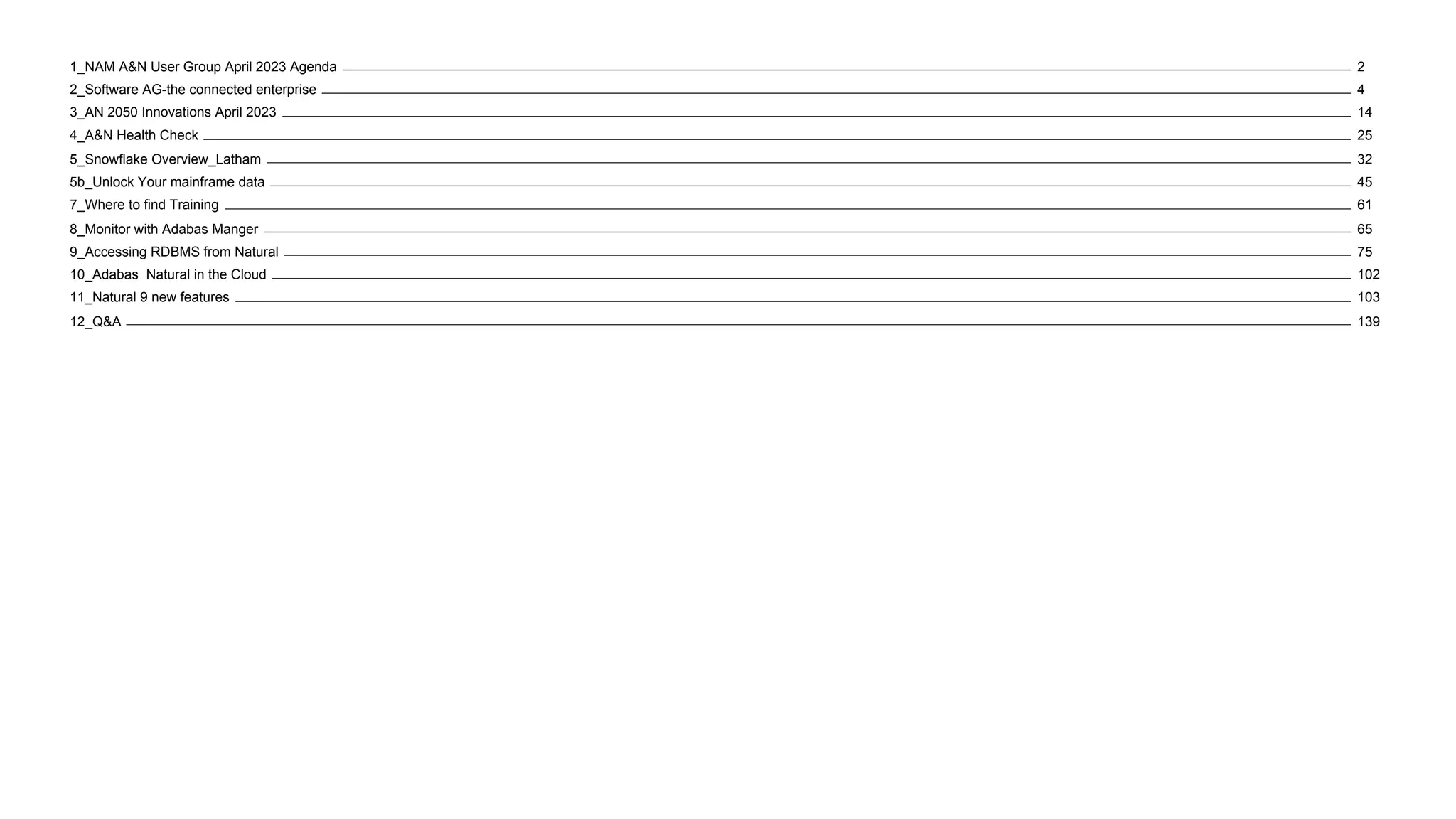 1_NAM A&N User Group April 2023 Agenda 2
2_Software AG-the connected enterprise 4
3_AN 2050 Innovations April 2023 14
4_A&N Health Check 25
5_Snowflake Overview_Latham 32
5b_Unlock Your mainframe data 45
7_Where to find Training 61
8_Monitor with Adabas Manger 65
9_Accessing RDBMS from Natural 75
10_Adabas Natural in the Cloud 102
11_Natural 9 new features 103
12_Q&A 139
 