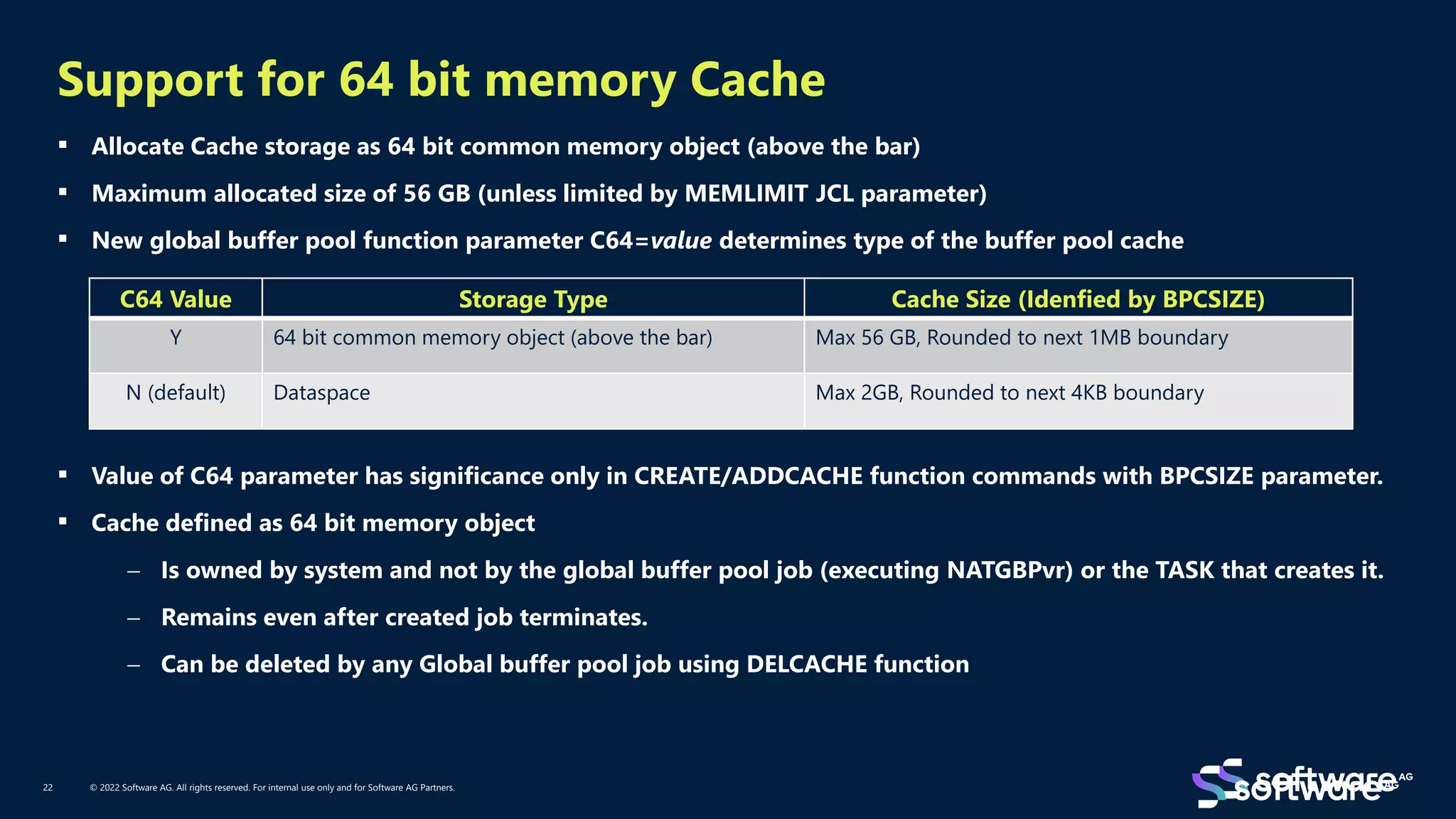 Support for 64 bit memory Cache
© 2022 Software AG. All rights reserved. For internal use only and for Software AG Partners.
22
▪ Allocate Cache storage as 64 bit common memory object (above the bar)
▪ Maximum allocated size of 56 GB (unless limited by MEMLIMIT JCL parameter)
▪ New global buffer pool function parameter C64=value determines type of the buffer pool cache
▪ Value of C64 parameter has significance only in CREATE/ADDCACHE function commands with BPCSIZE parameter.
▪ Cache defined as 64 bit memory object
− Is owned by system and not by the global buffer pool job (executing NATGBPvr) or the TASK that creates it.
− Remains even after created job terminates.
− Can be deleted by any Global buffer pool job using DELCACHE function
C64 Value Storage Type Cache Size (Idenfied by BPCSIZE)
Y 64 bit common memory object (above the bar) Max 56 GB, Rounded to next 1MB boundary
N (default) Dataspace Max 2GB, Rounded to next 4KB boundary
 