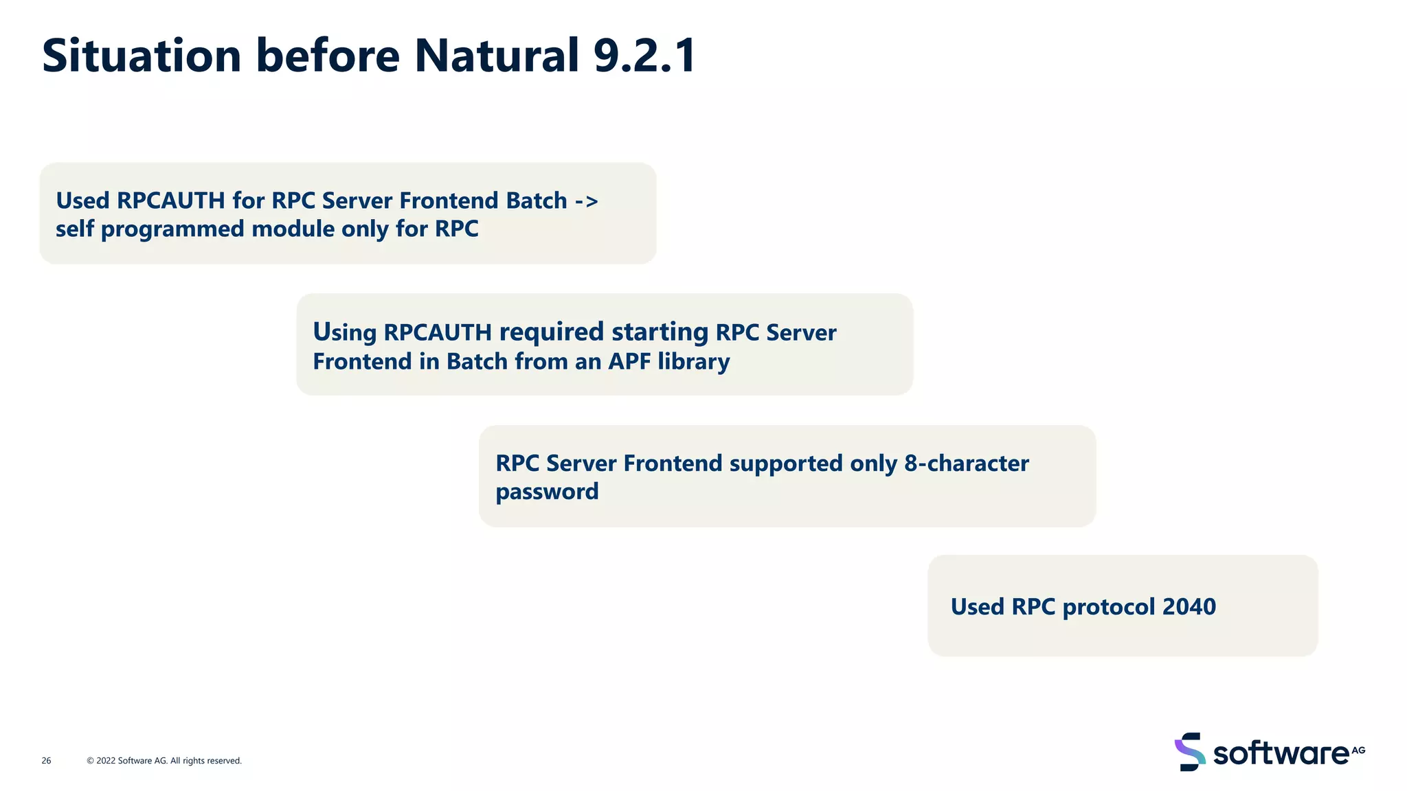 Situation before Natural 9.2.1
© 2022 Software AG. All rights reserved.
26
Used RPCAUTH for RPC Server Frontend Batch ->
self programmed module only for RPC
Used RPC protocol 2040
RPC Server Frontend supported only 8-character
password
Using RPCAUTH required starting RPC Server
Frontend in Batch from an APF library
 