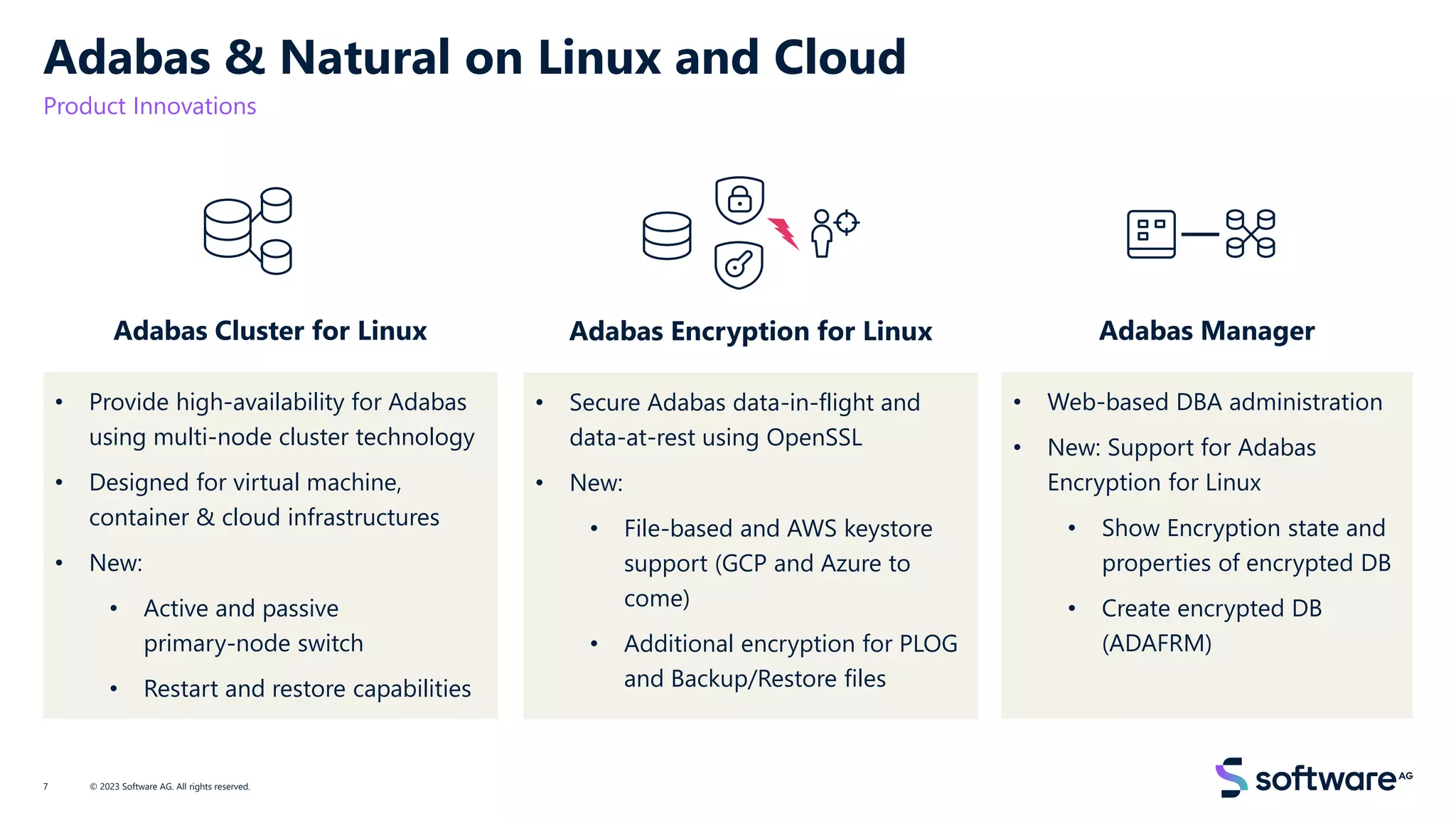 Adabas & Natural on Linux and Cloud
Product Innovations
© 2023 Software AG. All rights reserved.
7
Adabas Cluster for Linux
• Provide high-availability for Adabas
using multi-node cluster technology
• Designed for virtual machine,
container & cloud infrastructures
• New:
• Active and passive
primary-node switch
• Restart and restore capabilities
Adabas Encryption for Linux
• Secure Adabas data-in-flight and
data-at-rest using OpenSSL
• New:
• File-based and AWS keystore
support (GCP and Azure to
come)
• Additional encryption for PLOG
and Backup/Restore files
Adabas Manager
• Web-based DBA administration
• New: Support for Adabas
Encryption for Linux
• Show Encryption state and
properties of encrypted DB
• Create encrypted DB
(ADAFRM)
 