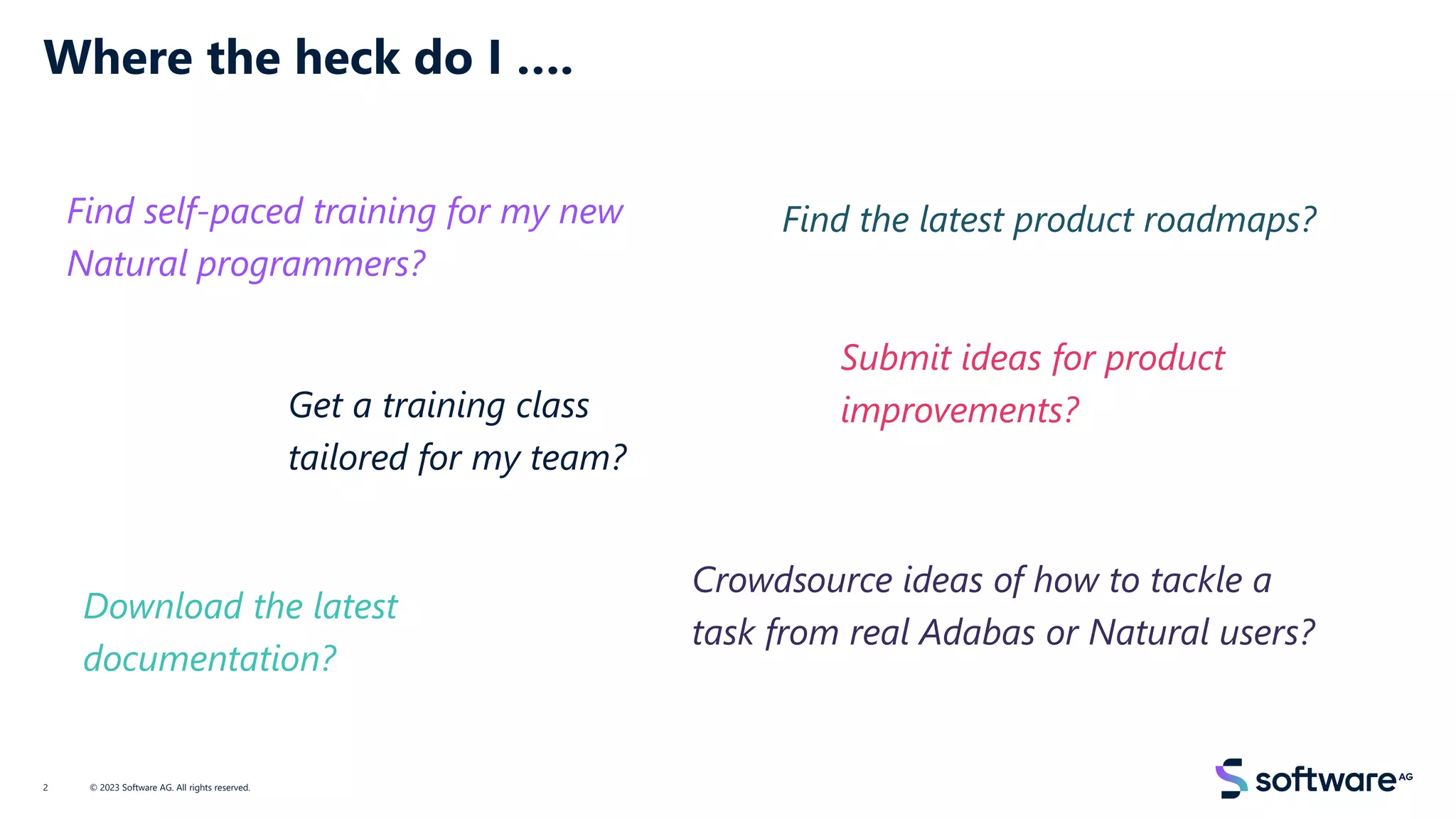 Where the heck do I ….
© 2023 Software AG. All rights reserved.
2
Find self-paced training for my new
Natural programmers?
Find the latest product roadmaps?
Submit ideas for product
improvements?
Get a training class
tailored for my team?
Crowdsource ideas of how to tackle a
task from real Adabas or Natural users?
Download the latest
documentation?
 