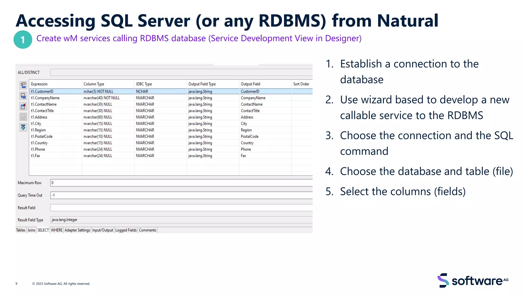 Accessing SQL Server (or any RDBMS) from Natural
Create wM services calling RDBMS database (Service Development View in Designer)
1. Establish a connection to the
database
2. Use wizard based to develop a new
callable service to the RDBMS
3. Choose the connection and the SQL
command
4. Choose the database and table (file)
5. Select the columns (fields)
© 2023 Software AG. All rights reserved.
9
1
 