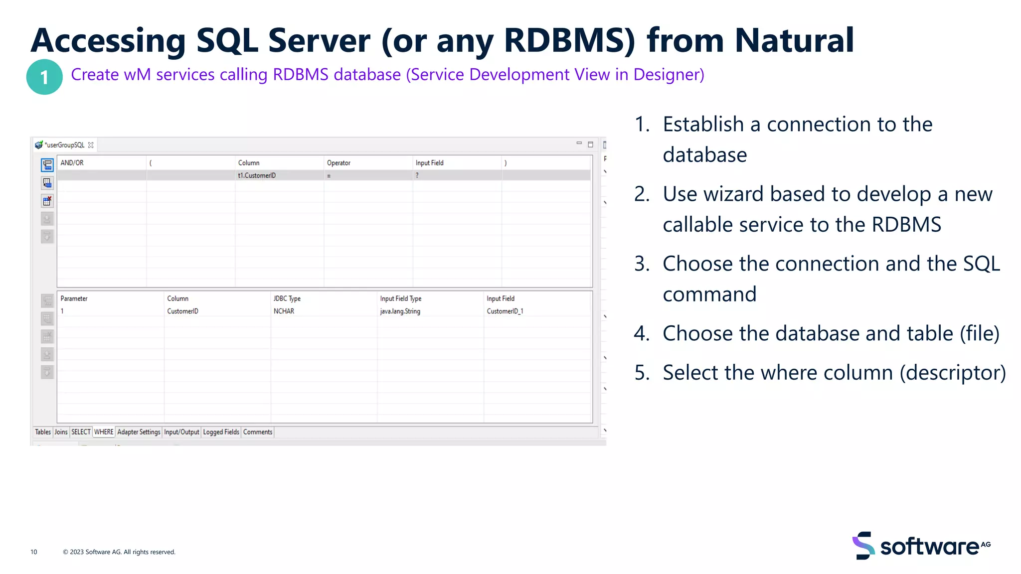 Accessing SQL Server (or any RDBMS) from Natural
Create wM services calling RDBMS database (Service Development View in Designer)
1. Establish a connection to the
database
2. Use wizard based to develop a new
callable service to the RDBMS
3. Choose the connection and the SQL
command
4. Choose the database and table (file)
5. Select the where column (descriptor)
© 2023 Software AG. All rights reserved.
10
1
 