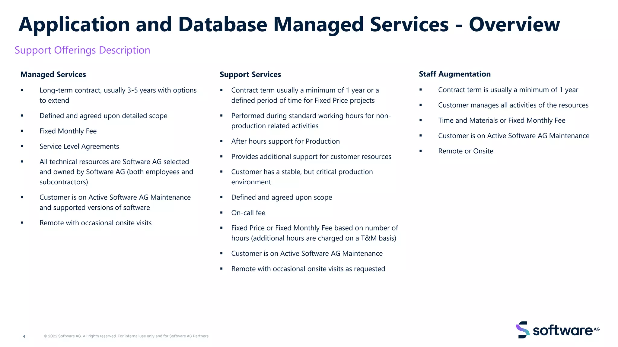 Application and Database Managed Services - Overview
Managed Services
▪ Long-term contract, usually 3-5 years with options
to extend
▪ Defined and agreed upon detailed scope
▪ Fixed Monthly Fee
▪ Service Level Agreements
▪ All technical resources are Software AG selected
and owned by Software AG (both employees and
subcontractors)
▪ Customer is on Active Software AG Maintenance
and supported versions of software
▪ Remote with occasional onsite visits
Staff Augmentation
▪ Contract term is usually a minimum of 1 year
▪ Customer manages all activities of the resources
▪ Time and Materials or Fixed Monthly Fee
▪ Customer is on Active Software AG Maintenance
▪ Remote or Onsite
Support Services
▪ Contract term usually a minimum of 1 year or a
defined period of time for Fixed Price projects
▪ Performed during standard working hours for non-
production related activities​
▪ After hours support for Production​
▪ Provides additional support for customer resources
▪ Customer has a stable, but critical production
environment
▪ Defined and agreed upon scope
▪ On-call fee
▪ Fixed Price or Fixed Monthly Fee based on number of
hours (additional hours are charged on a T&M basis)
▪ Customer is on Active Software AG Maintenance
▪ Remote with occasional onsite visits as requested
Support Offerings Description
4
 